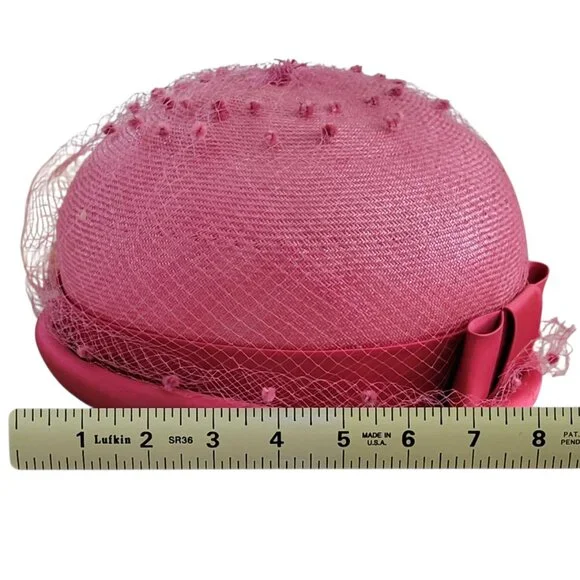 VTG Mid Century Pink Pillbox Derby Hat with Swiss Dot Netting and Bow 1950s